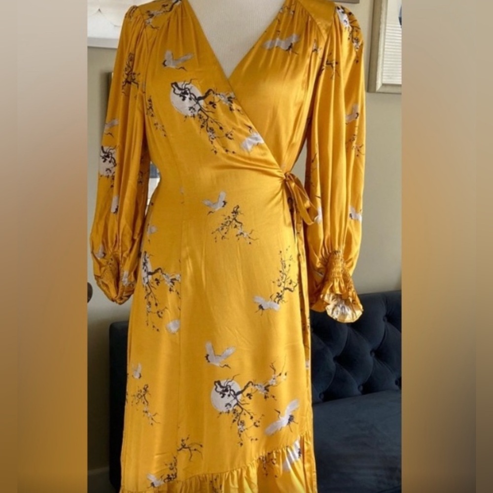 All Saints Ochre Yellow Adelaide Aurora Wrap Dress, M